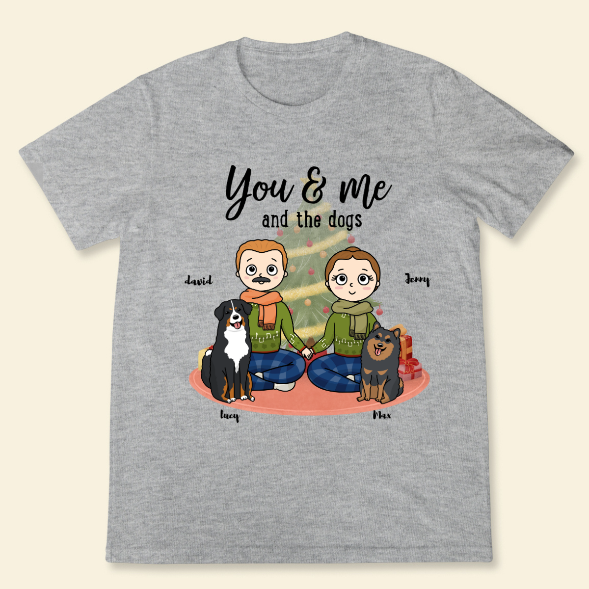 You, me & the dogs Christmas Tree Personalized T Shirt Christmas Gift For Dog Lovers Custom Dog Breed Dog Dad Dog Mom Winter Season Gift