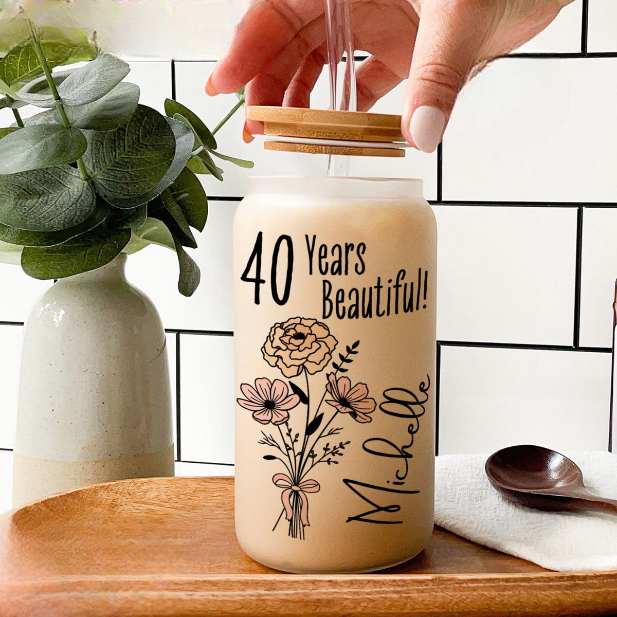 40th Birthday Glass Tumbler, Turning 40 Gift With Birthflower Glass Tumbler, 40 Year Old Gift Iced Coffee Cup, Fortieth Birthday Glass Can With Flower