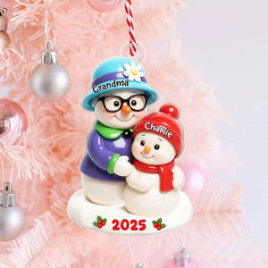Snowman Grandma Hugging Grandkids 3D Effect - Personalized Acrylic Ornament - Christmas Gift For Grandma