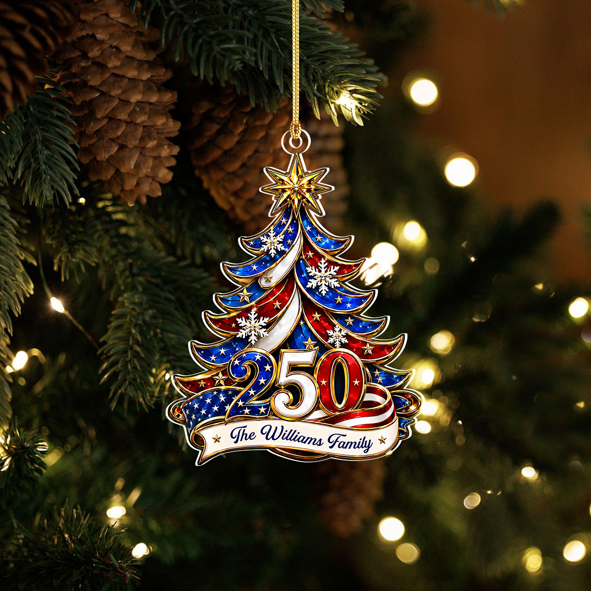 Ornament Patriotic Christmas Tree 250 - Personalized Acrylic Ornament 2d Flat, Custom Family Name America 250th Anniversary Christmas Gift, USA 1776-2026 Keepsake