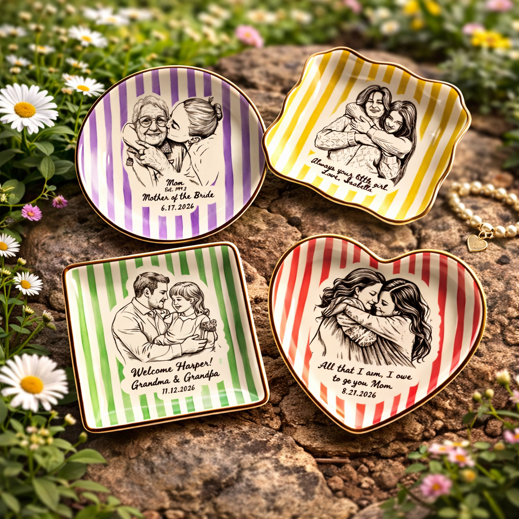 Personalized Mother of the Bride Photo Jewelry Dish, Custom Mom Striped Ring Dish from Photo, MOB MOG Wedding Gift from Daughter Son