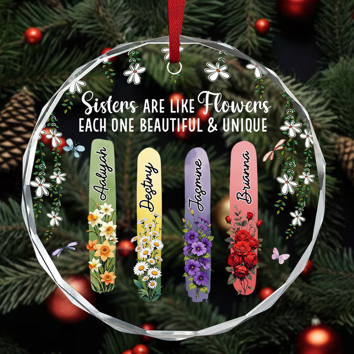 Sisters Bloom Beautiful And Unique - Personalized Crystal Ornament - Christmas Gift For Sisters