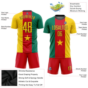 Custom Kelly Green Gold Red-Black Sublimation Cameroonian Flag Soccer Uniform Jersey