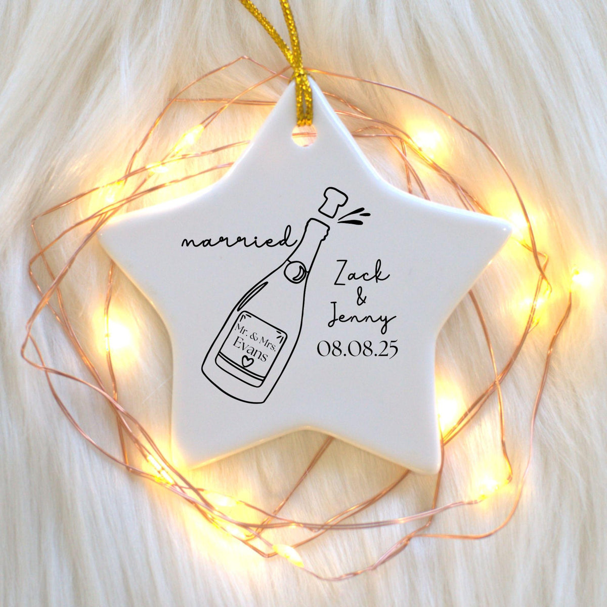 Married Ornament Personalized for Newlyweds Mr & Mrs, Ceramic Custom Just Married Ornament, Wedding Ornament, Champagne Wedding Celebration