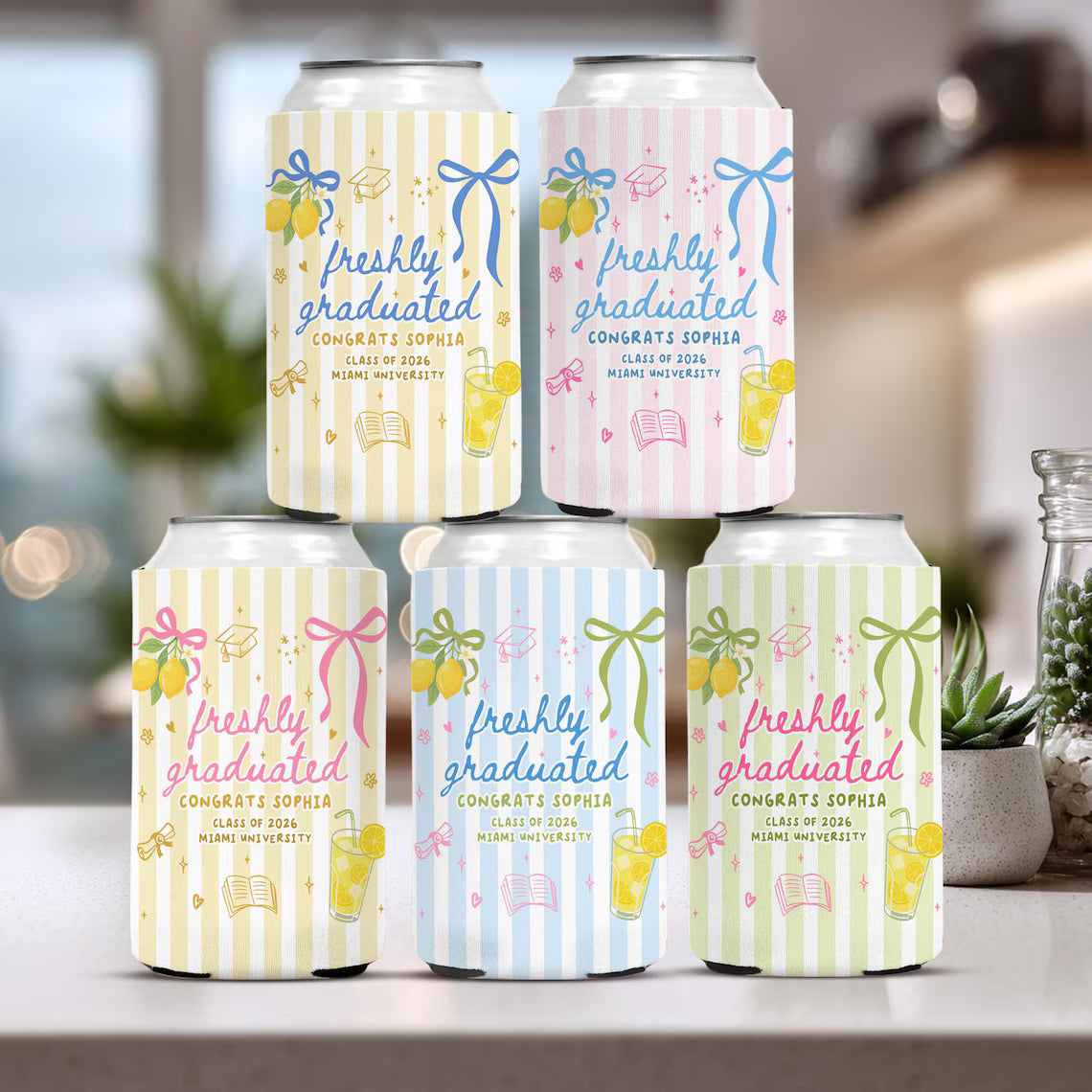Personalized Summer Vibe Graduation Can Cooler, Striped Graduate Can Cooler, Congrats College Graduate Party Favors, Graduation Party Favors
