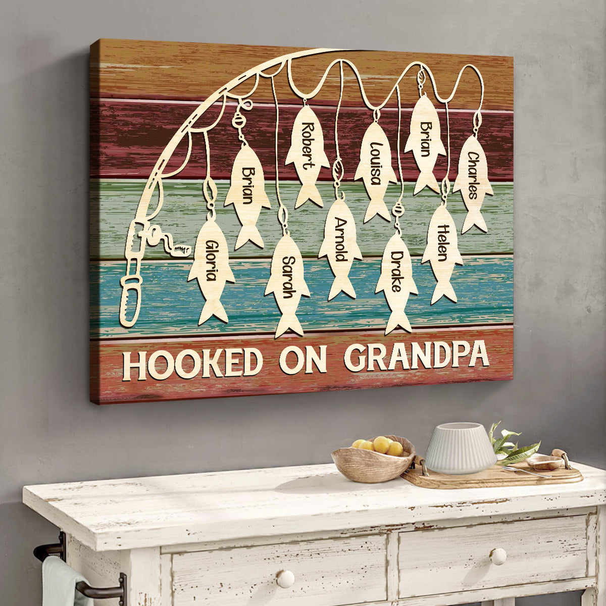 Hooked On Grandpa Custom Kid's Name - Personalized Canvas - Gift For Grandpa, Papa, Father's Day, Birthday Gift