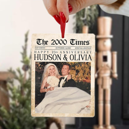 Personalized Wedding Anniversary Ornament, Newspaper Couple Photo Ornament, Acrylic Christmas Keepsake