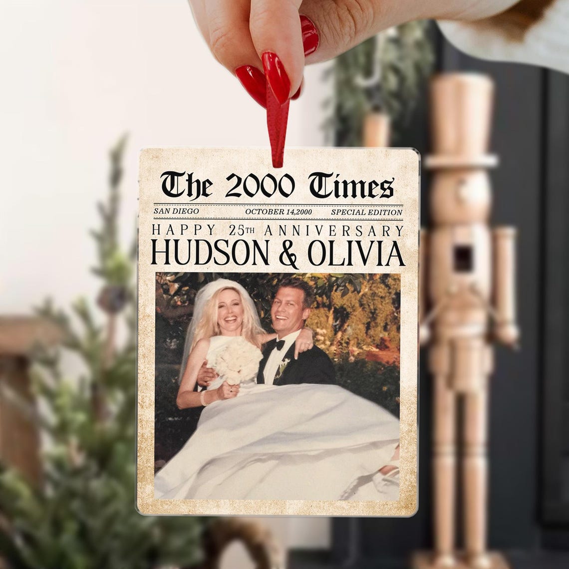 Personalized Wedding Anniversary Ornament, Newspaper Couple Photo Ornament, Acrylic Christmas Keepsake