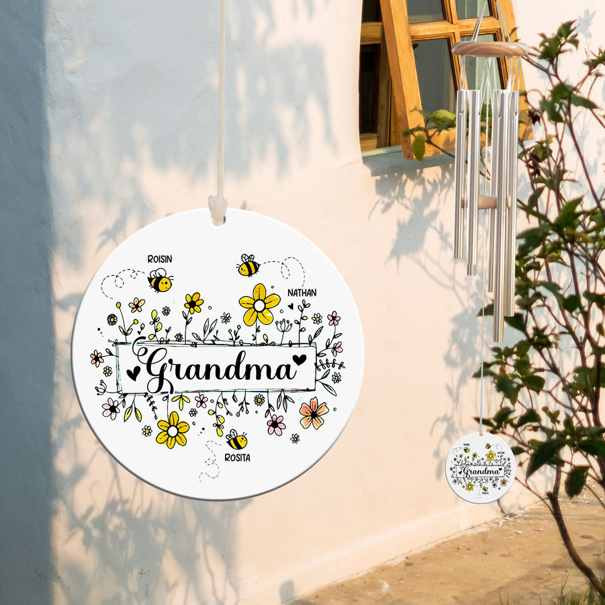 Grandma Bee Flower Wind Chimes, Cute Grandkid Bee, Personalized Wind Chime, Mother's Day Gift, Gift for Grandma