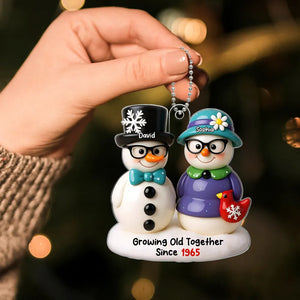 Snowman Couple Growing Old Together Personalized Acrylic Ornament, 3D Effect Ornament for Couple