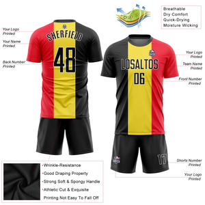 Custom Gold Black Red-White Sublimation Belgian Flag Soccer Uniform Jersey