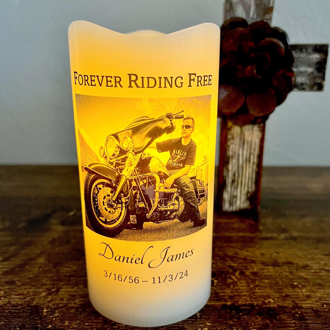 Forever Riding Free, Biker Memorial LED Candle Personalized with Name Dates Photo