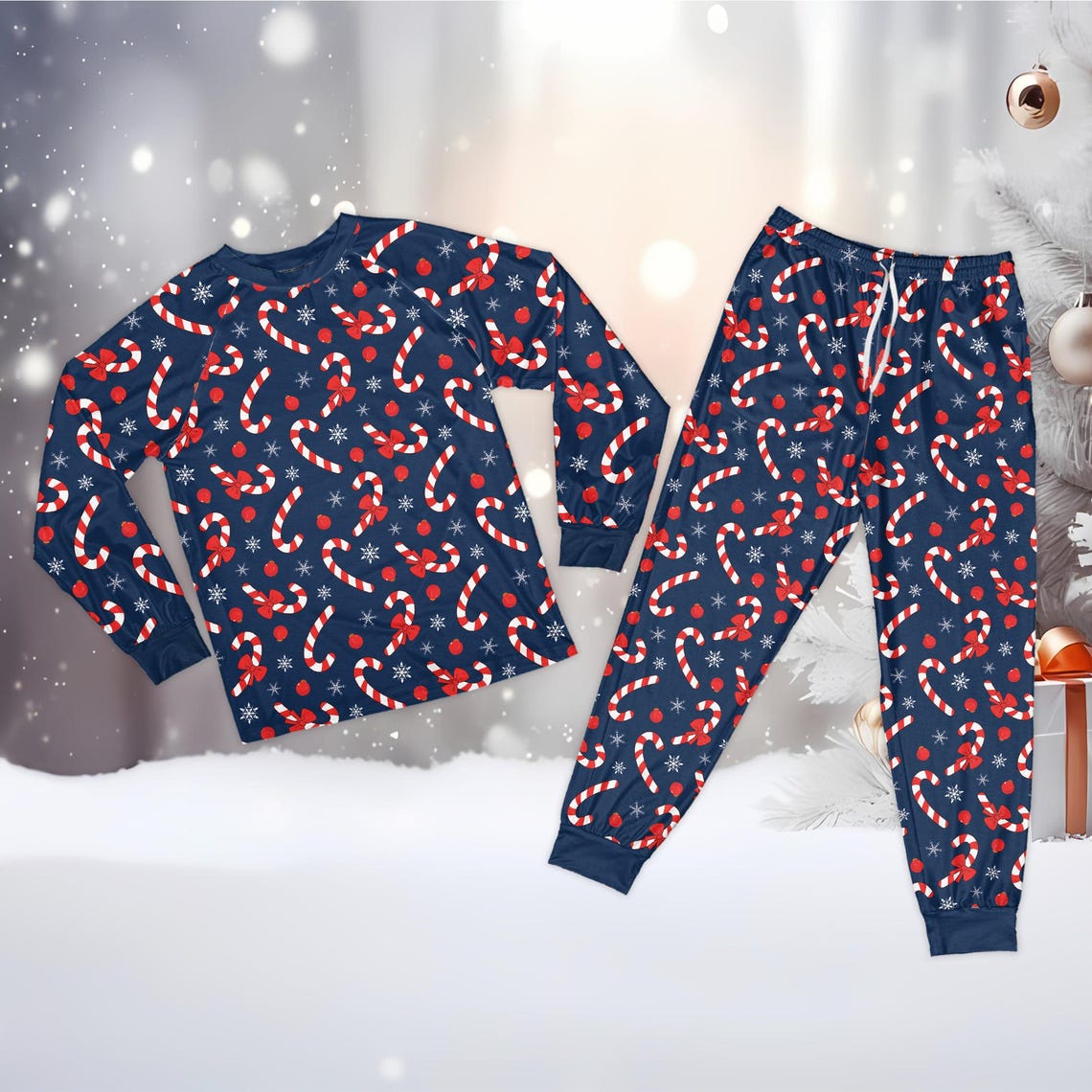 Coquette Bow Candy Cane Christmas Pajamas, Preppy Christmas Long Sleeve Two Piece Pajama Set, Festive Xmas Holiday Loungewear Set