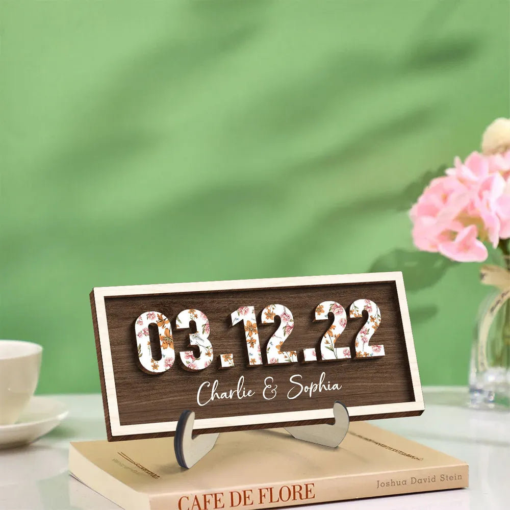 Couple Engagement Wedding Anniversary Special Date Custom Flower Printed Wooden Plaque, Gift For Her, Gift For Him