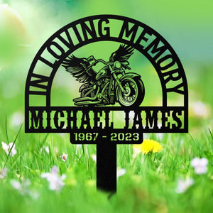 Custom Biker Memorial Stake, Rider Memorial Metal Stake, Motorcycle with Wings, Biker Name Sign, Loss of Loved One, Grave Marker Biker loss