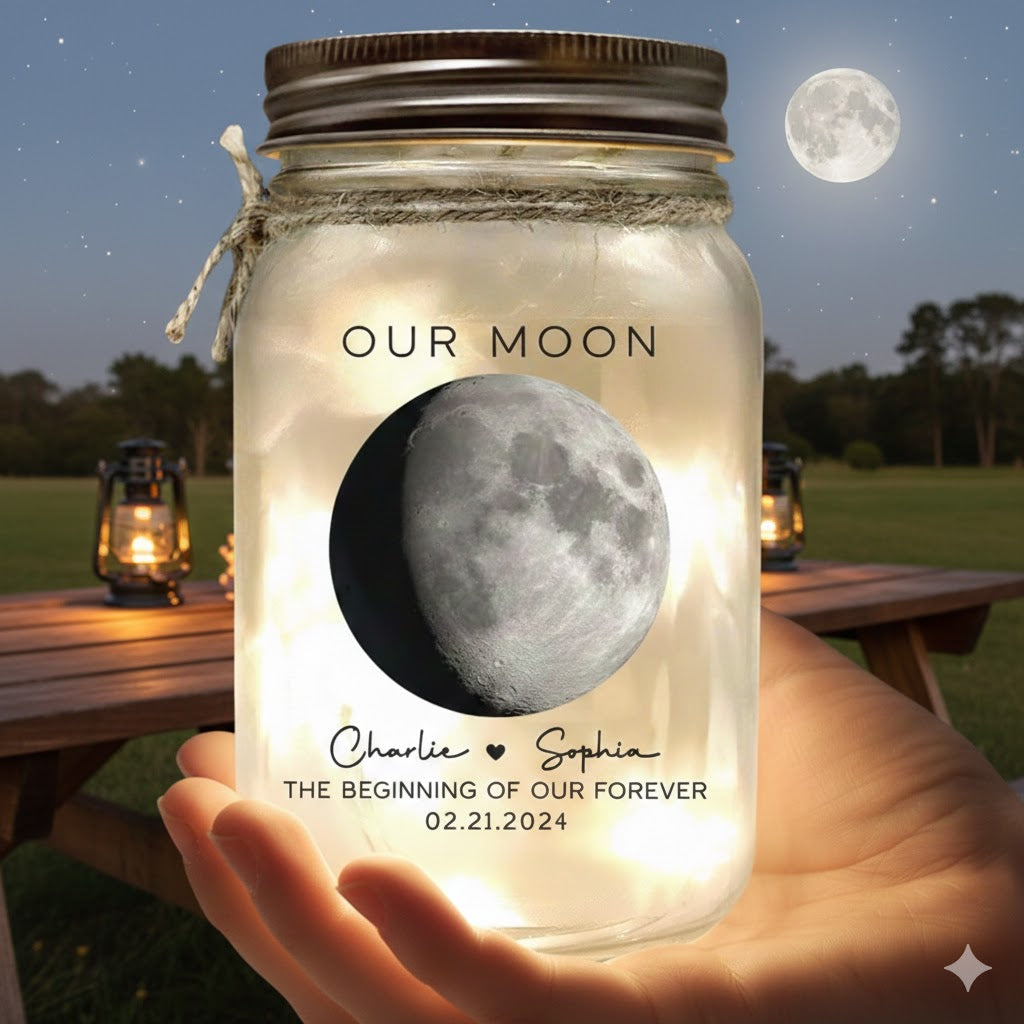 Our Moon Couple Moon Phase - Personalized Mason Jar Light - Anniversary Gift For Him Gift For Her