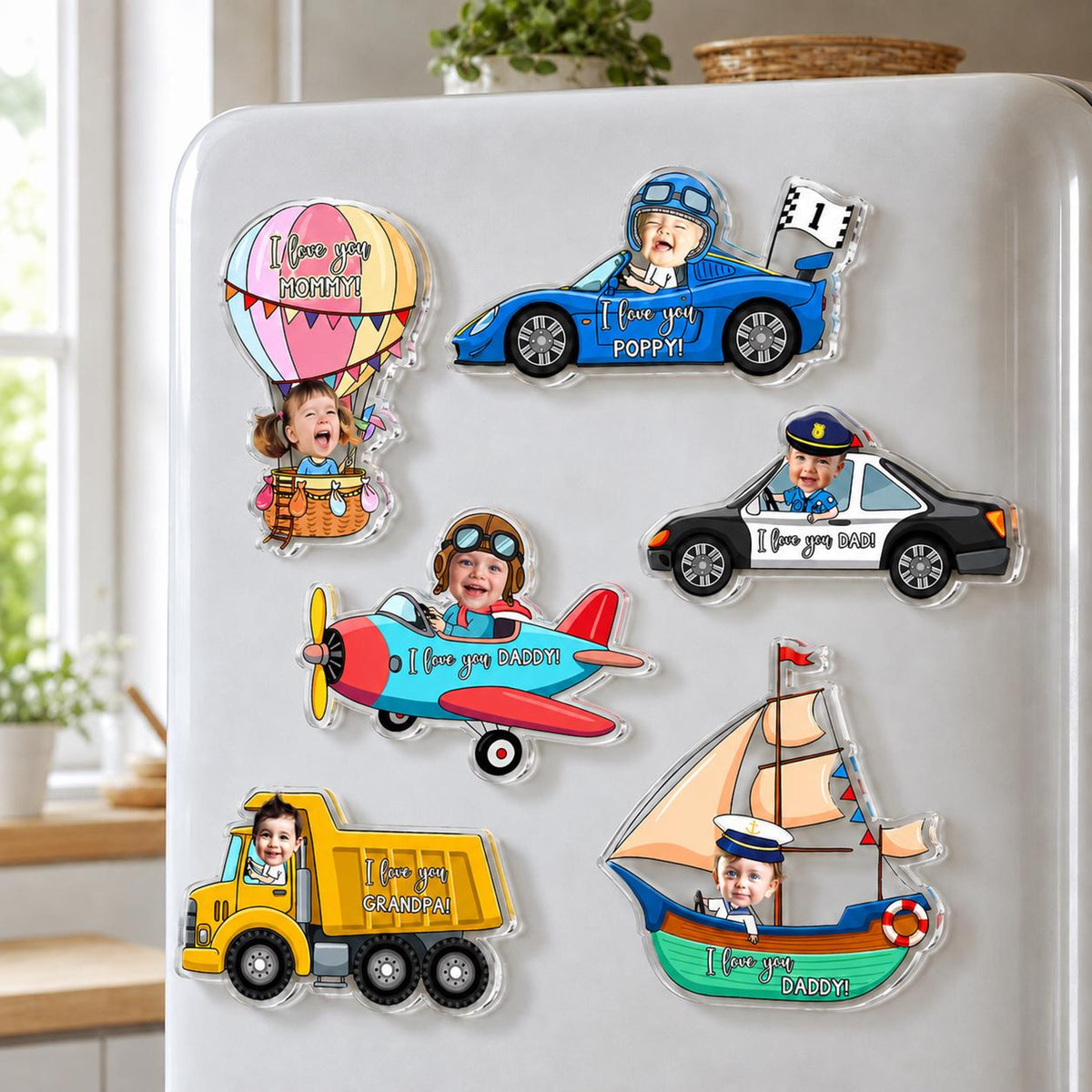 Personalized Kid Ride on Vehicle Fridge Magnet: Custom Baby Face Car Magnet, Best Gift for Dad, Mom, Gradma, Grandpa