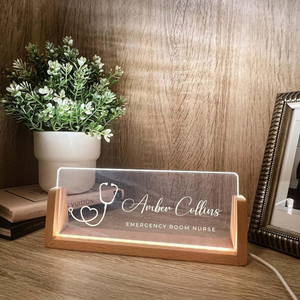 Personalized Name & Title Desk Plate Stand, Stethoscope Symbol Professional Medical Nurse Nursing, Office Sign LED Light Nameplate Gift
