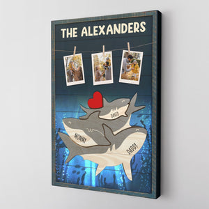 Shark Family Puzzle Style, Custom Family Name - Personalized Canvas - Gift For Dad, Father's Day, Birthday Gift