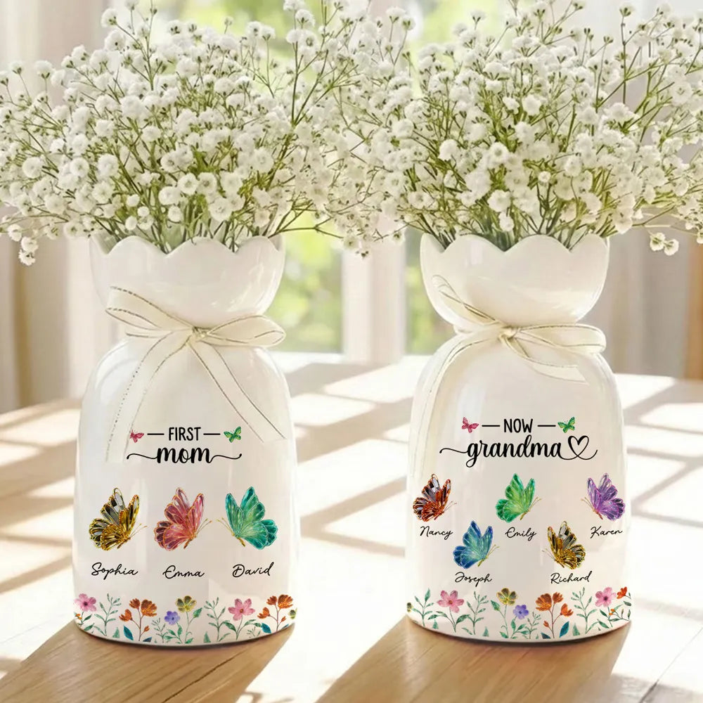 First Mom Now Grandma Butterflies - Personalized Bloom Vase - Gift For Grandma, Mom, Mother's Day Gift