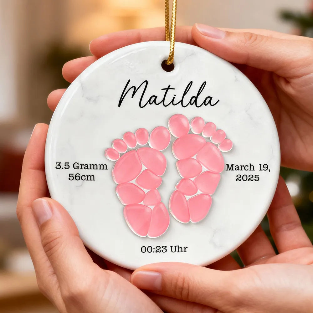 Sea Glass 3D Effect Baby Footprint - Personalized Ceramic Ornament With Acrylic - Christmas Gift for New Parents, Newborn