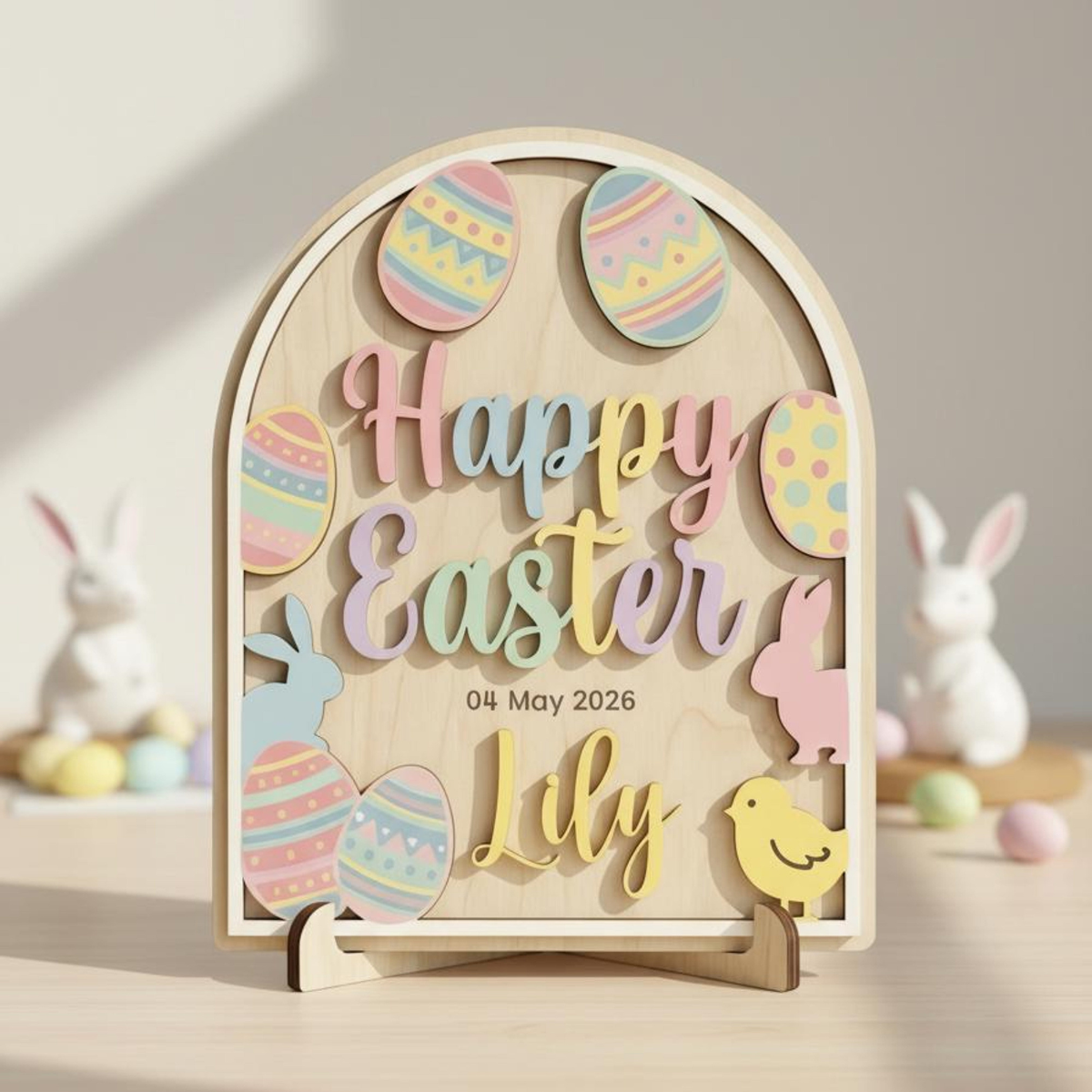Happy Baby's First Easter Wood Sign, Custom Name & Color Easter Decor, Wooden Plaque with Stand, Kids Keepsake Gift, Easter's Day Baby