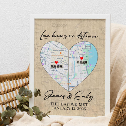 Love Knows No Distance The Day We Met Canvas, State to State Personalized Map Poster, Long Distance Map Print