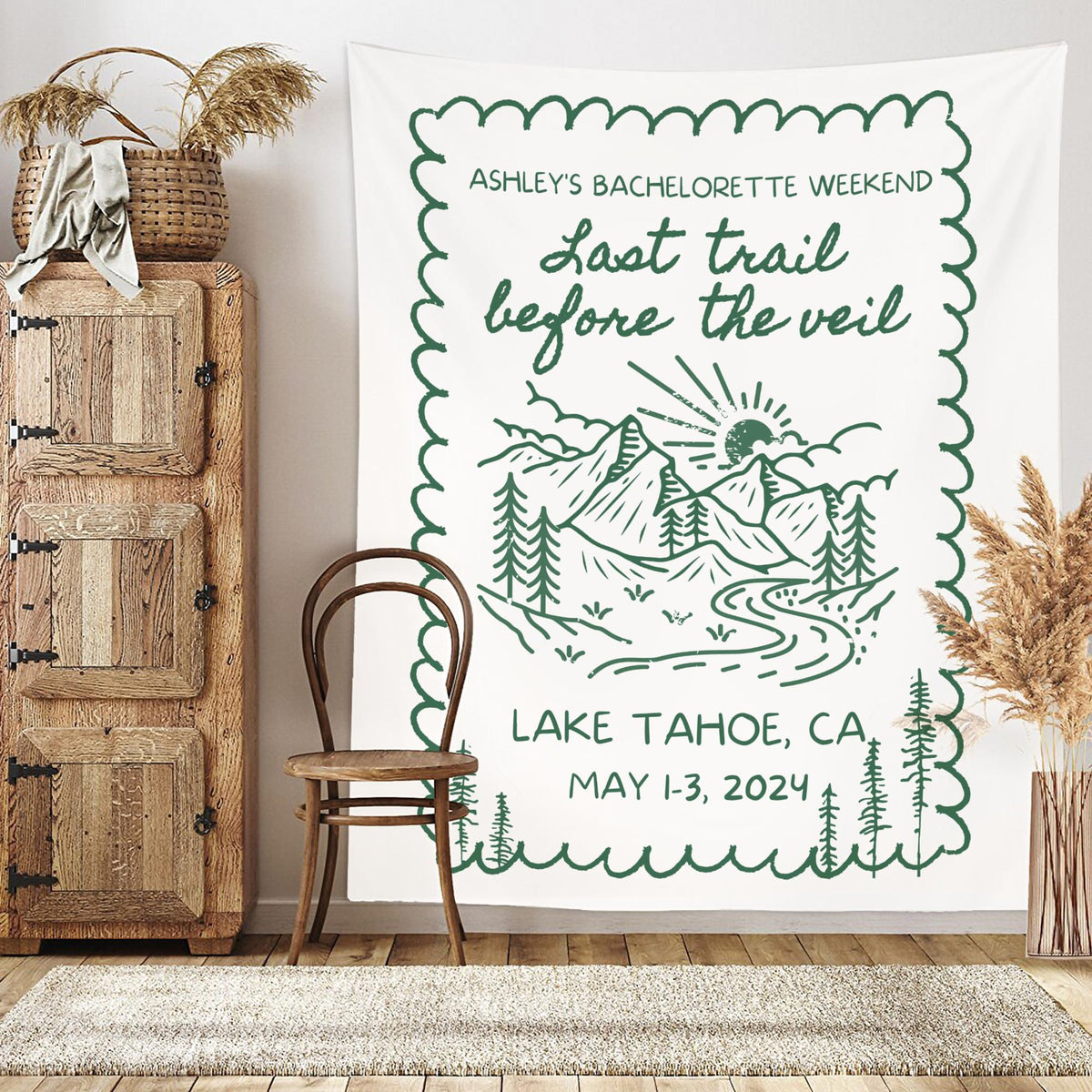Custom Bachelorette Party Decor, Mountain Bachelorette Party Banner, Forest Bach Tapestry, Last Trail Before The Veil Hiking Bridal Shower