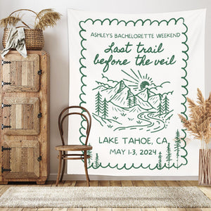 Custom Bachelorette Party Decor, Mountain Bachelorette Party Banner, Forest Bach Tapestry, Last Trail Before The Veil Hiking Bridal Shower