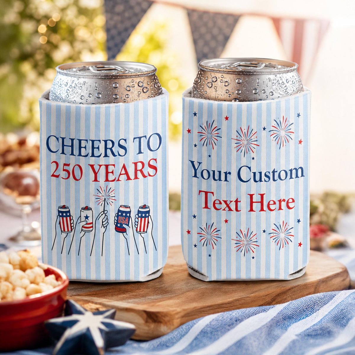 Custom Cheers to 250 Years Can Coolers, Personalized USA 250th Anniversary Drink Sleeves, 4th of July BBQ Party Favors