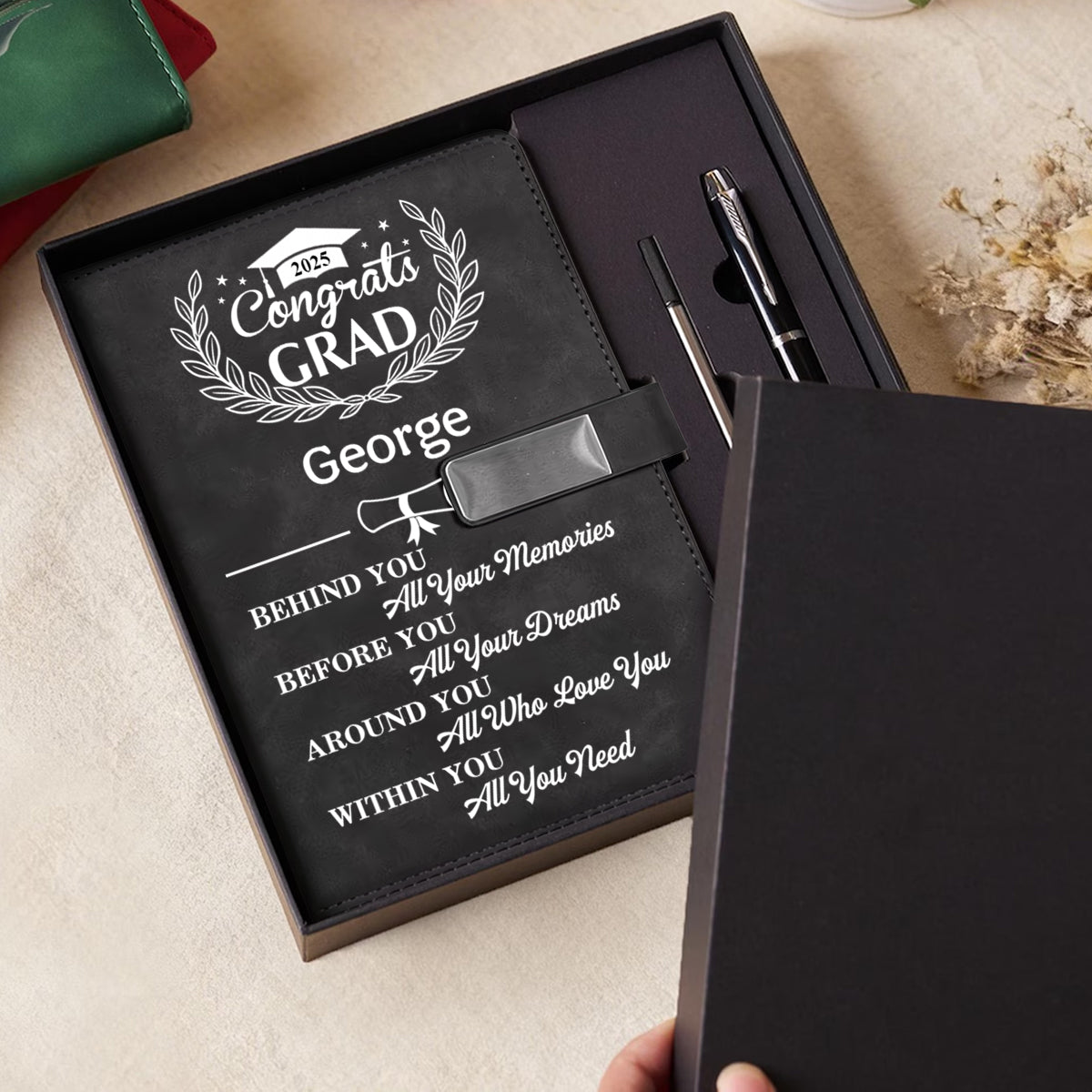 Behind You All Memories Congrats Grad - Personalized Leather Notebook Set