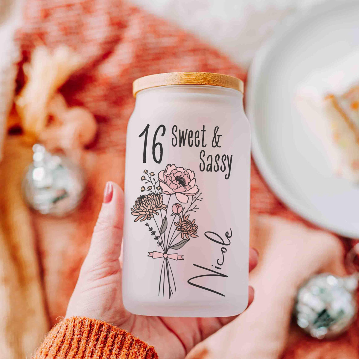 16th Birthday Glass Tumbler, Turning 16 Gift With Birthflower Glass Tumbler, 16 Year Old Gift Iced Coffee Cup, Sweet Sixteen Birthday Glass With Flower