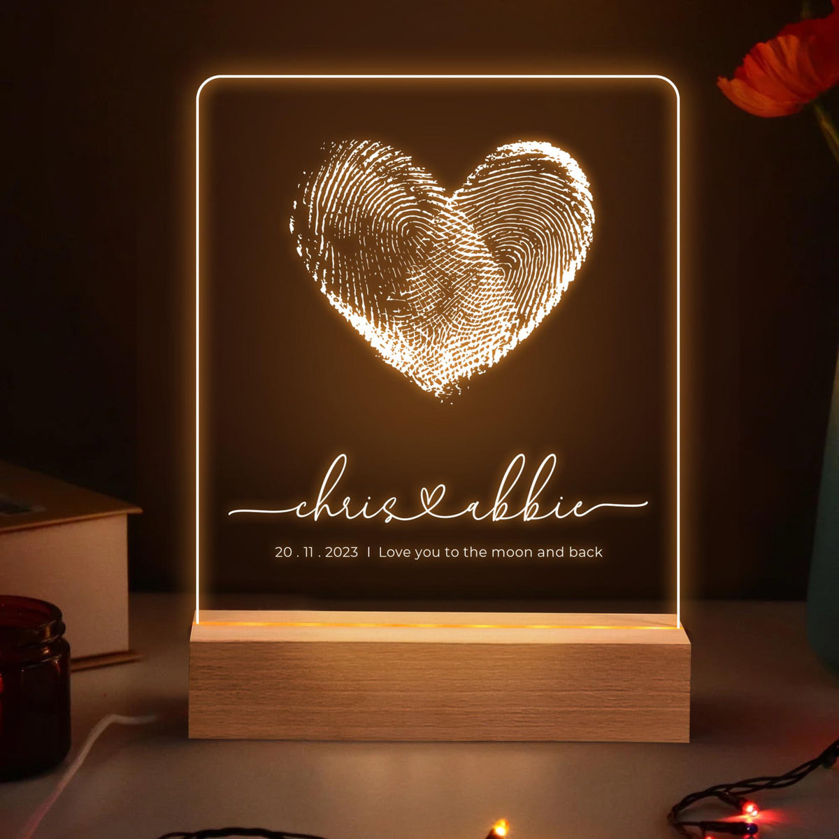 Custom Fingerprint Heart with Names, Personalized LED Light Wooden Base, Valentines Gift, Custom Lamp, Anniversary Gift