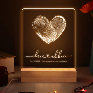 Custom Fingerprint Heart with Names, Personalized LED Light Wooden Base, Valentines Gift, Custom Lamp, Anniversary Gift