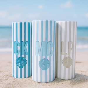 Vacation Tumblers, Seashell Personalized Beach Girls Trip Cups, Beach Bachelorette, Family Vacation Tumblers with initials Cabana Stripe