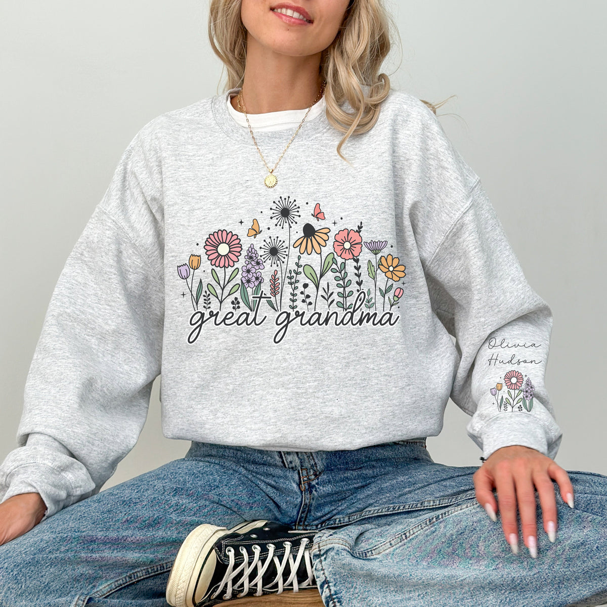Flower Great Grandma With Kids Names - Personalized Apparel - Gift For Grandma