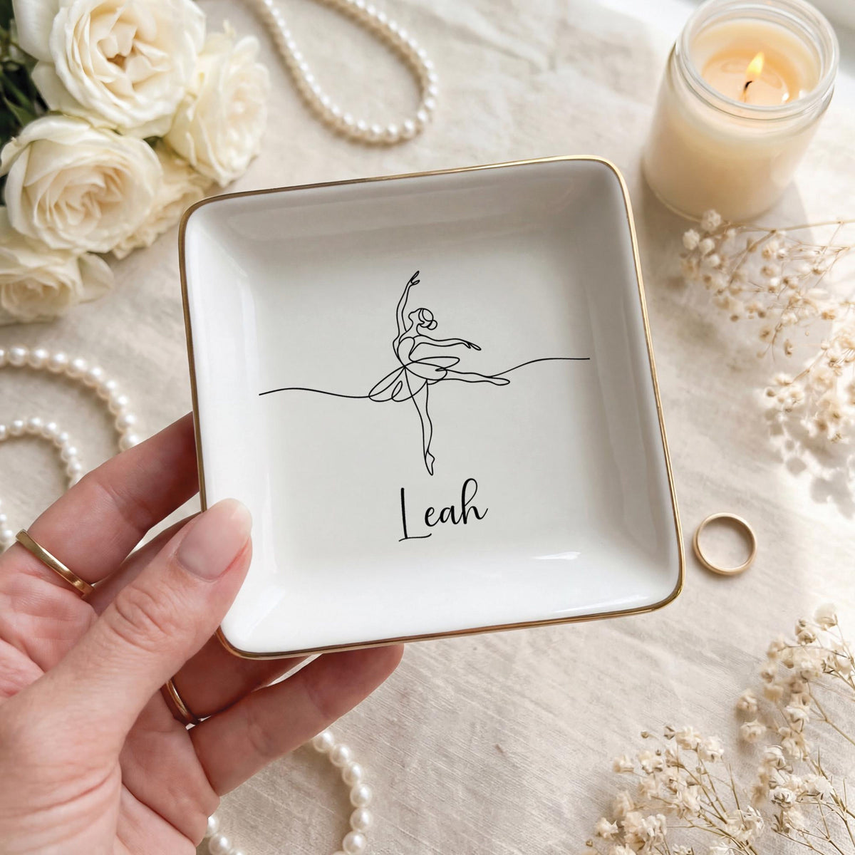 Personalized Ballet Ring Dish Custom Jewelry Holder | Dance Teacher Gift | Gold Rim Ceramic Trinket Dish