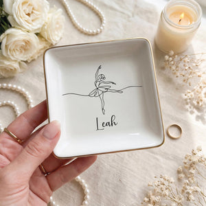 Personalized Ballet Ring Dish Custom Jewelry Holder | Dance Teacher Gift | Gold Rim Ceramic Trinket Dish