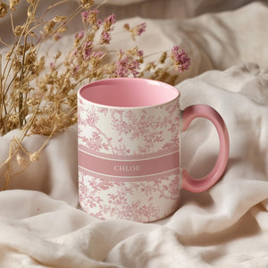 Personalized Name Mug Pink Toile Design, Custom Coffee Cup, Elegant Vintage Inspired Gift for Her, Bridal Party Favor, Teen Girl