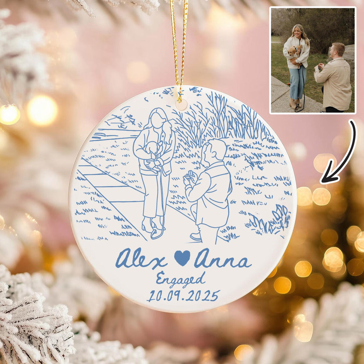 Personalized Engagement Ornament, Anniversary Gift, Custom Couple Portrait Ceramic Ornament, Line Drawing Photo Ornament, Engaged Gifts