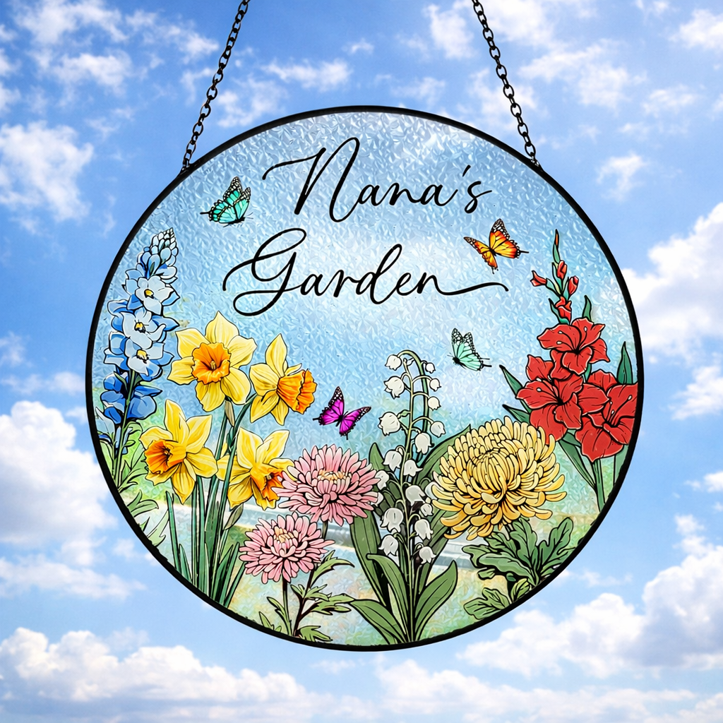 Custom Family Birth Flowers Glass Suncatcher, Custom Mom's Garden Gift, Flower Glass Art, Birth Flower Gift For Nana, Mother's Day Gift For Mom
