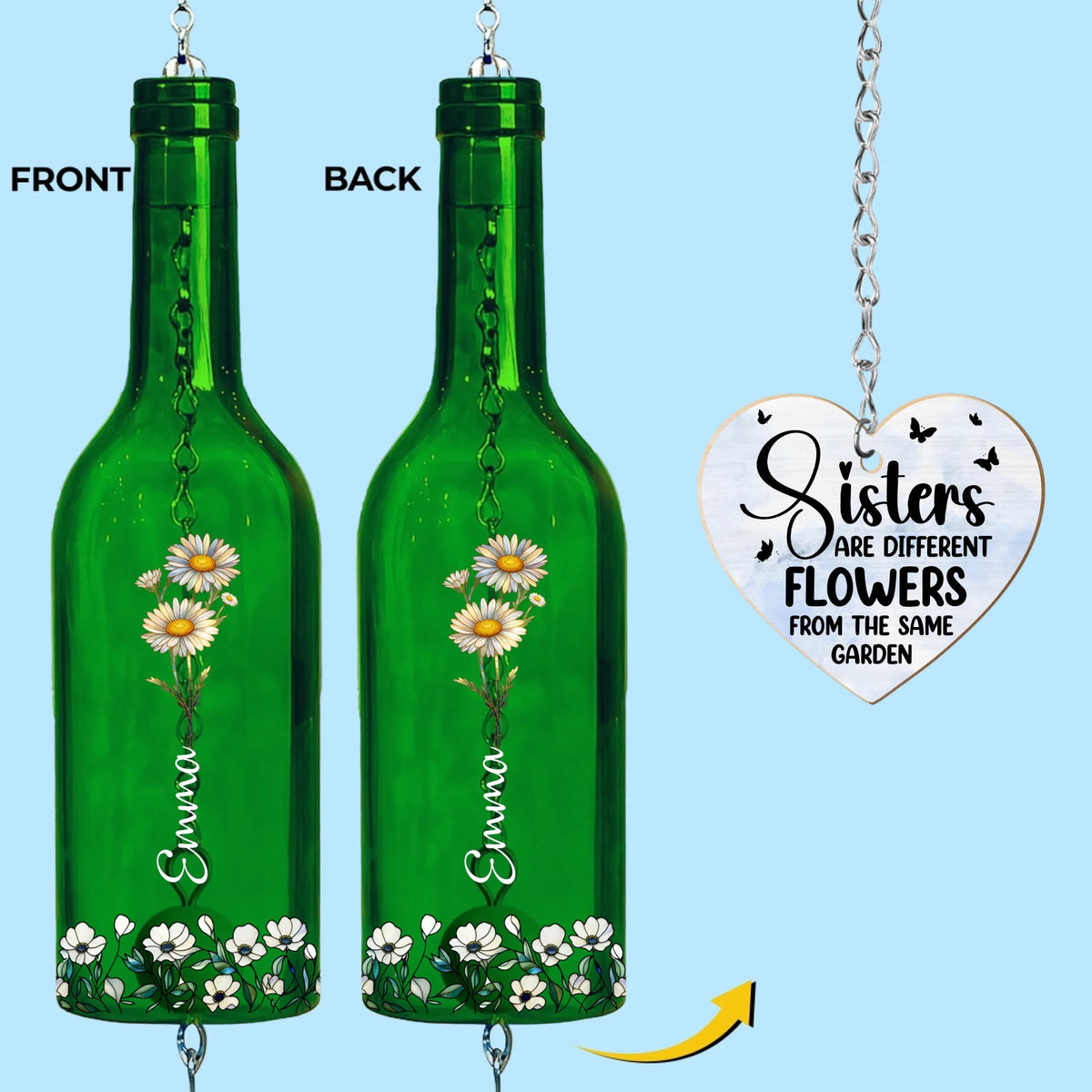 Sisters Birth Month Flowers Bloom Together In Love - Personalized Wine Bottle Wind Chime - Gift For Sisters, Besties, Birthday Gift