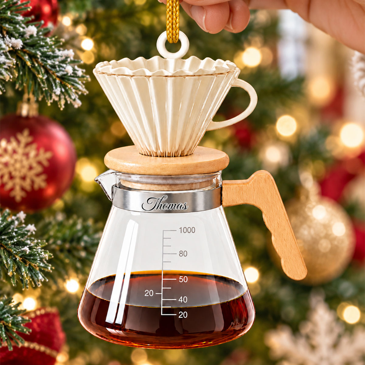 Personalized Coffee Lover Christmas Ornament, Custom Name Barista Gift, Pour Over Coffee Maker Decor, Coffee Shop Owner Xmas Tree Hanging