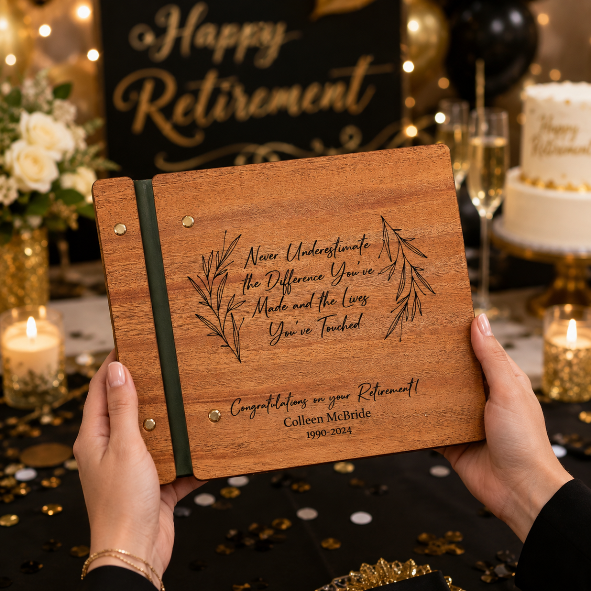 Custom Engraved Retirement Guestbook | Personalized Retirement Gift for Him & Her | Wooden Memory Book