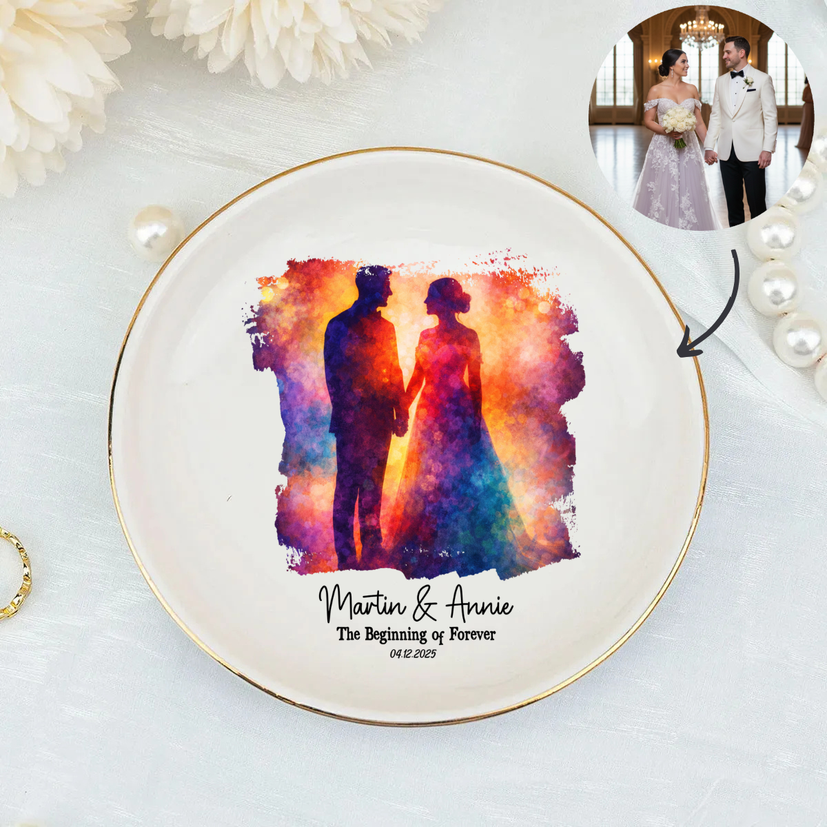 Personalized Proposal Photo Jewelry Dish - Custom Abstract Silhouette Illustrated Engagement Keepsake Ring Tray with Names & Engaged Date