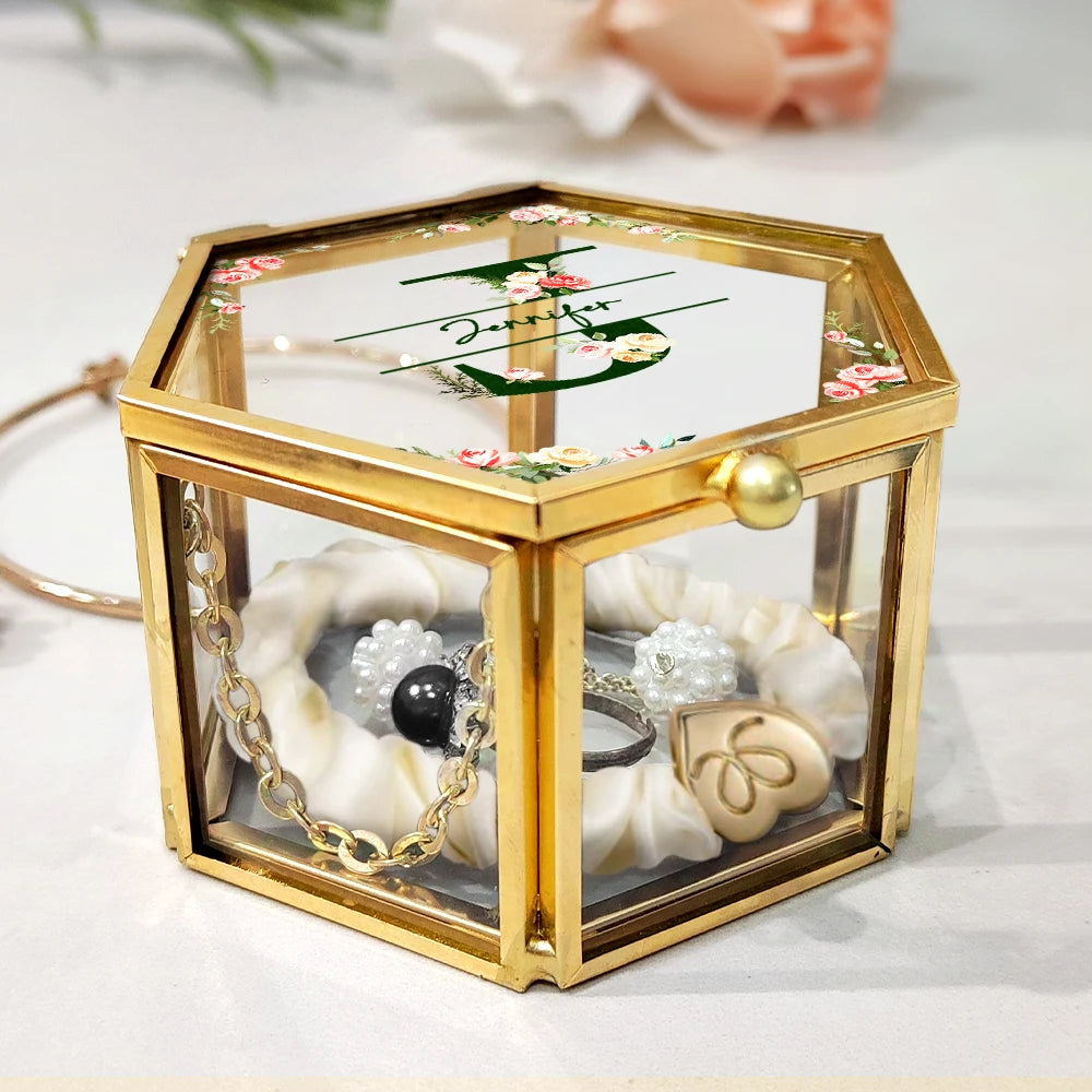 Monogram Floral - Personalized Hexagonal Glass Ring Box - Gift For Mother, Grandma, Aunt, Besties, Sisters, Girlfriend