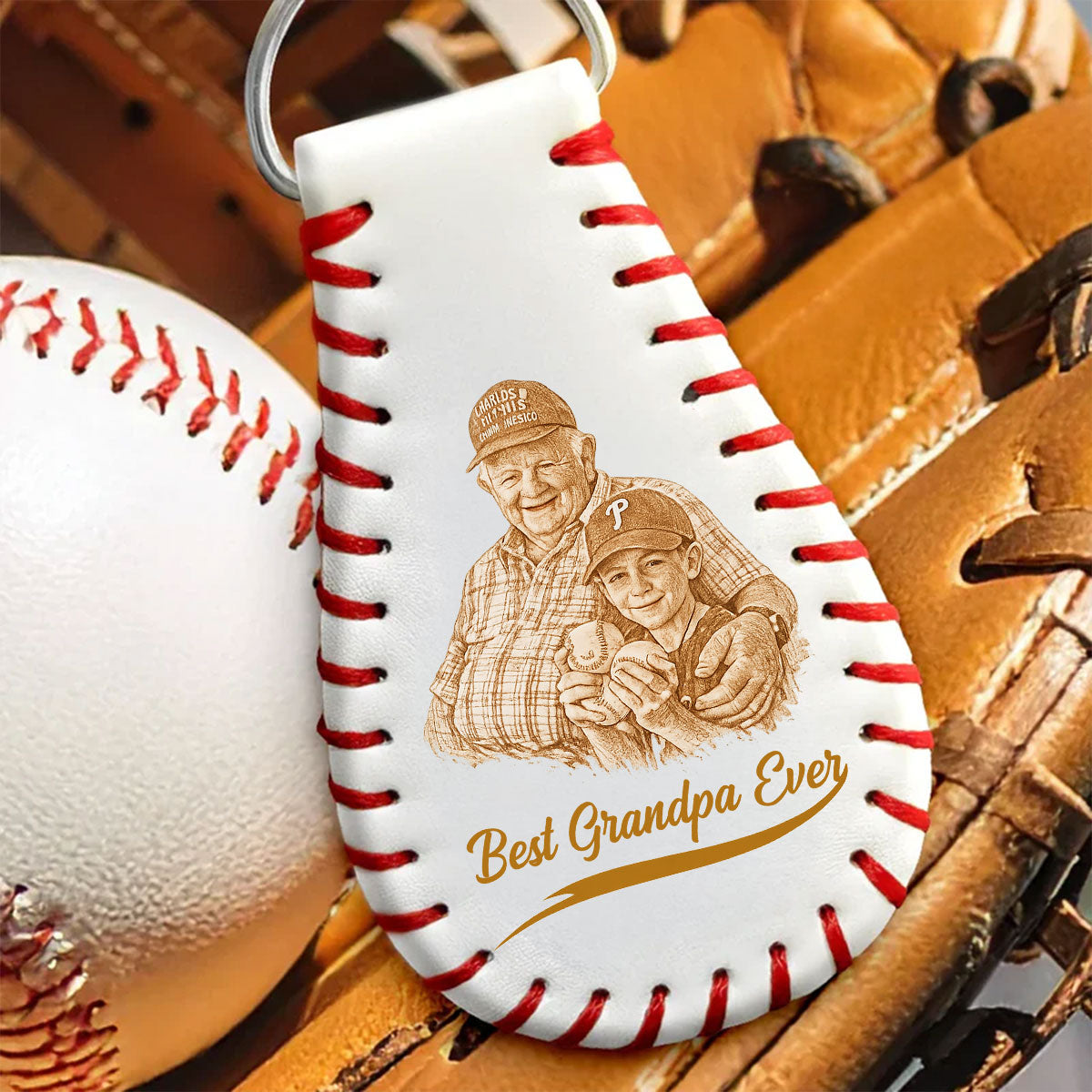 Custom Photo Pencil Drawing Engraved Best Dad Grandpa Ever - Personalized Leather Baseball Keychain