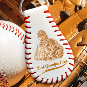 Custom Photo Pencil Drawing Engraved Best Dad Grandpa Ever - Personalized Leather Baseball Keychain