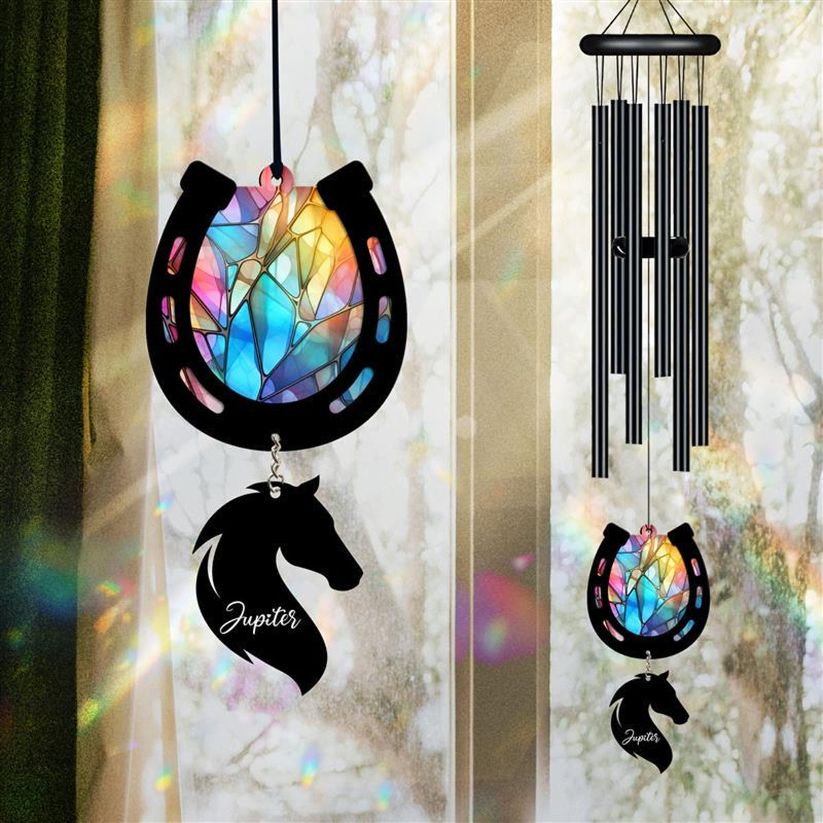 Personalized Pet Memorial Wind Chime, Remembrance, Pet Suncatcher Wind Chime, Horse Shoes, Horse Loss, Horse Memorial, In Loving Memory