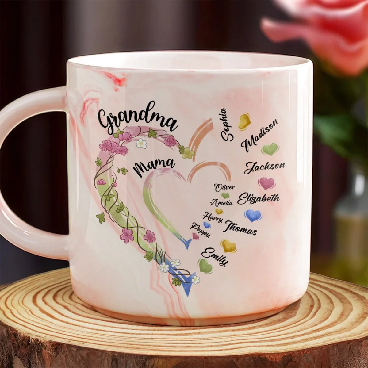 Mom & Grandma Floral Heart With Kid Names - Personalized Marble Mug - Gift For Mom, Grandma, Mother's Day, Birthday Gift